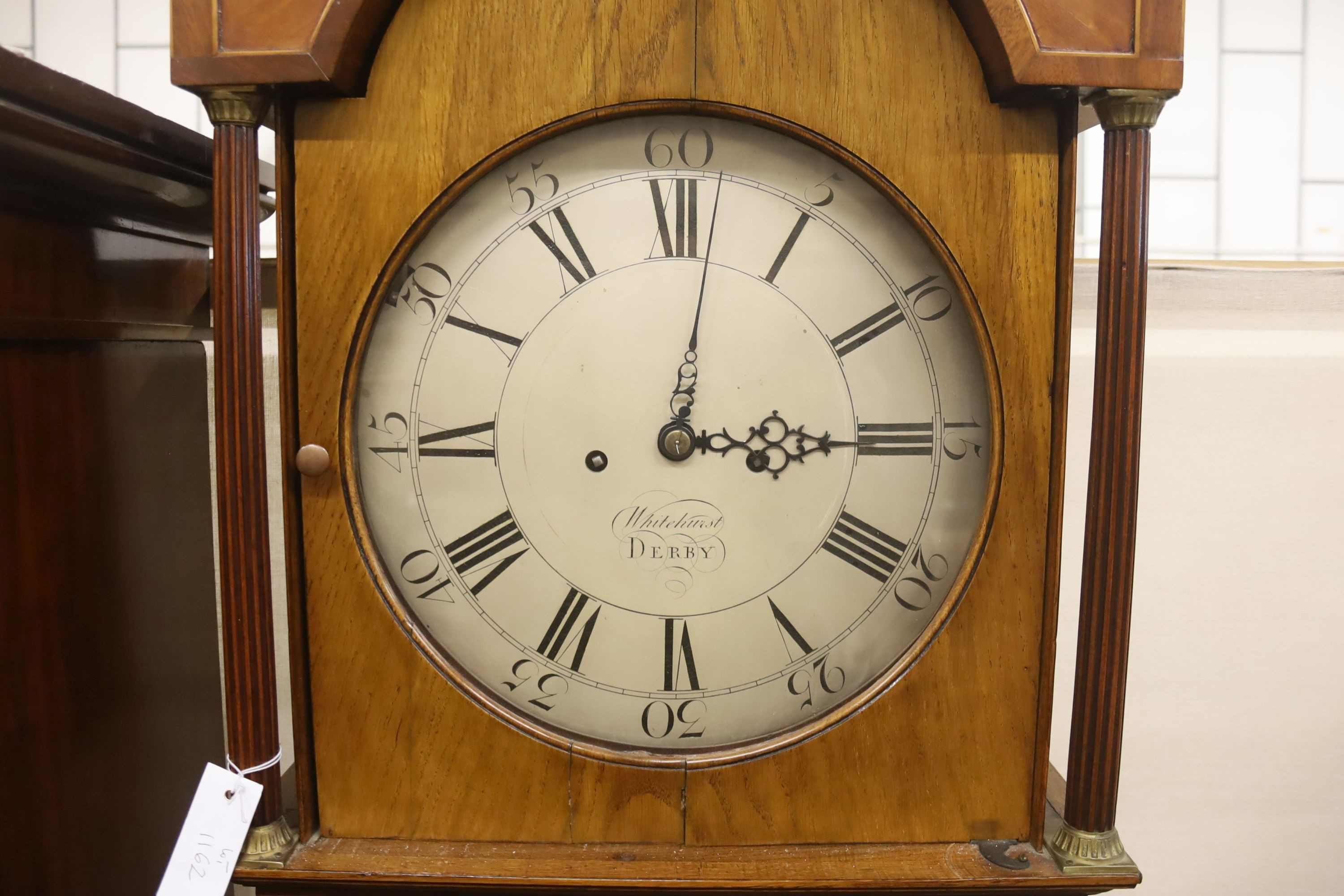 A George III oak and mahogany cased 8 day long case clock, Marked “Whitehurst, Derby”. H-220cm